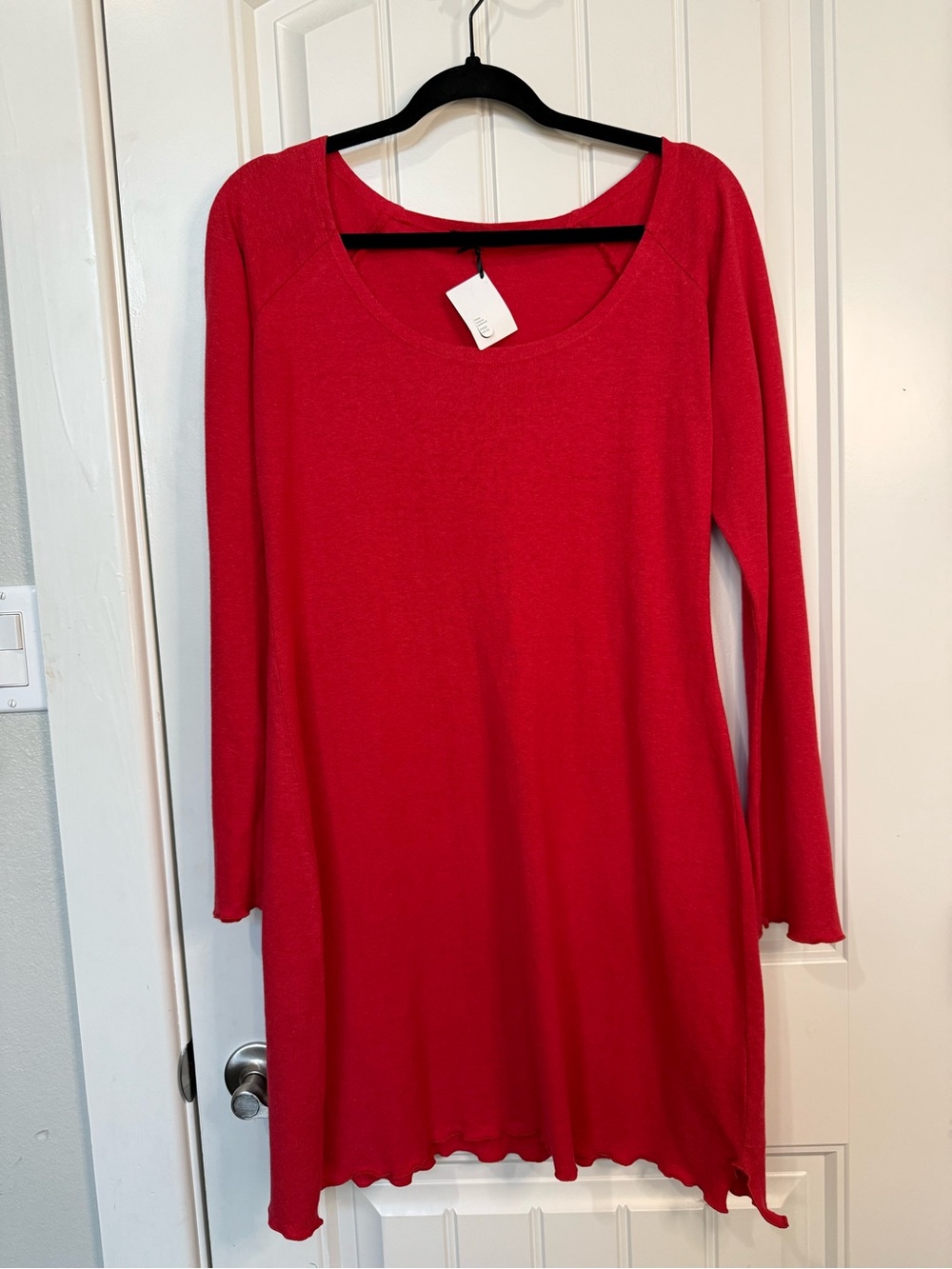 NWT Minawear Red Hemp Organic Cotton Long Sleeve, Scoop neck Lounge Dress Sz L